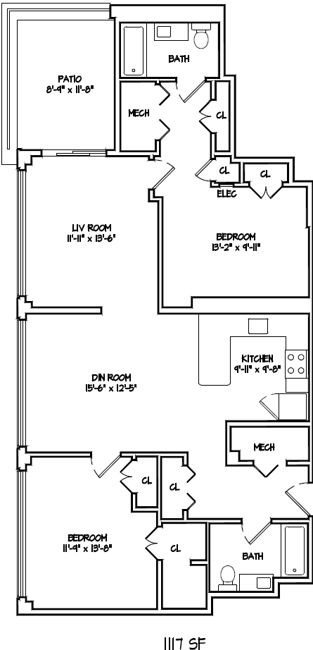 Floor plan for 2 beds, 2 baths, 1117 sqft